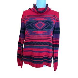 Chaps Retro Southwestern Tribal Aztec Cowl Neck Sweater Large Red Cowgirl